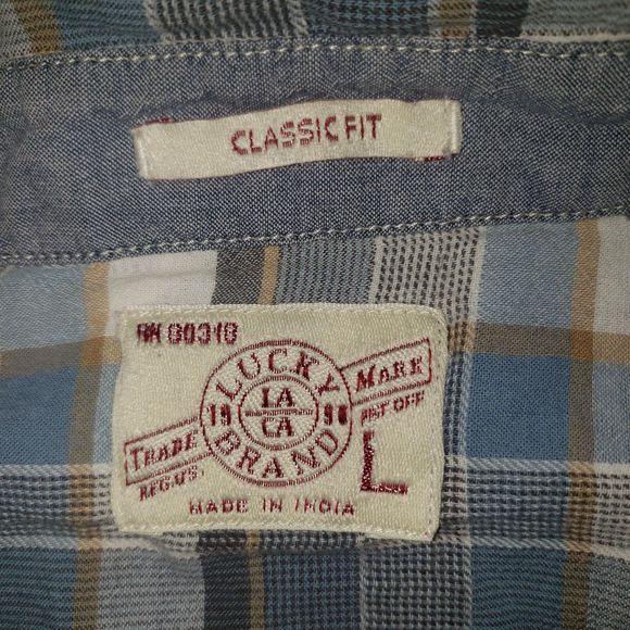 LUCKY BRAND Classic Fit Pearl Snap Blue Plaid Button Up Shirt Mens Size Large - Picture 4 of 7